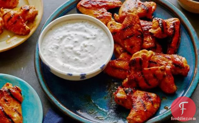 Chicken Wings with Red Hot Honey Glaze and Blue Cheese-Celery Dipping Sauce