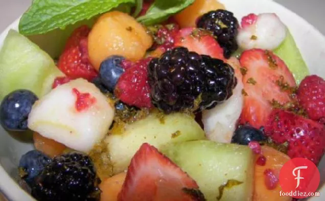 Melon, Berry, and Pear Salad With Cayenne-Lemon-Mint Syrup