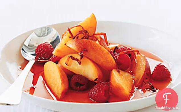 Peaches and Raspberries in Ancho Syrup with Chile Threads