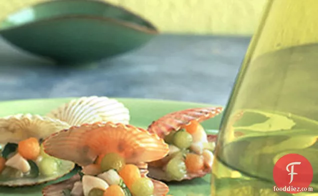 Bay Scallop Seviche with Melon Pearls