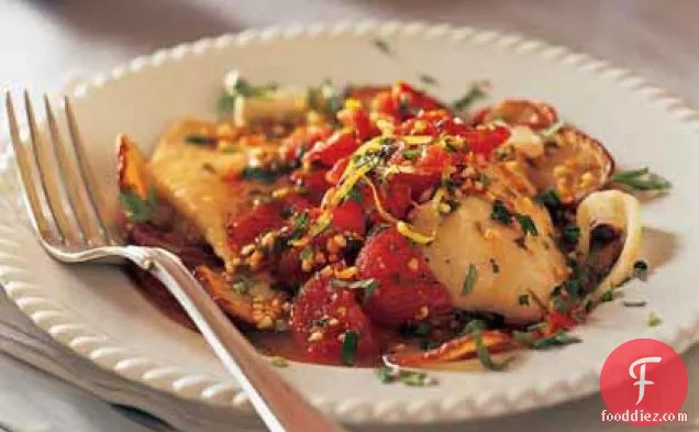 Baked Fish with Roasted Potatoes, Tomatoes, and Salmoriglio Sauce