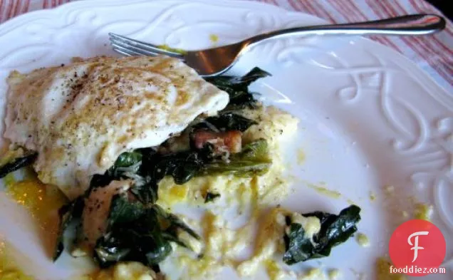 Fried Eggs And Collard Greens Over Polenta