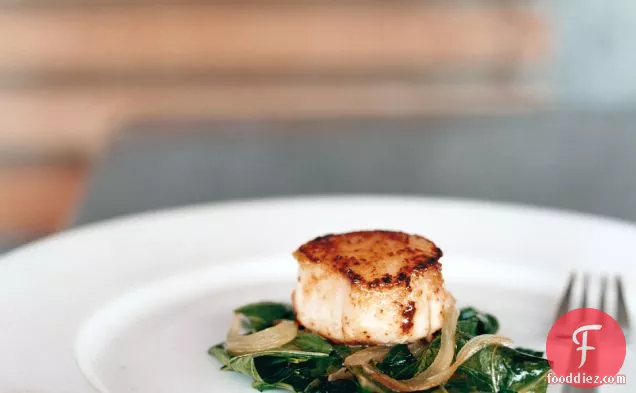 Seared Scallops with Braised Collard Greens and Cider Sauce