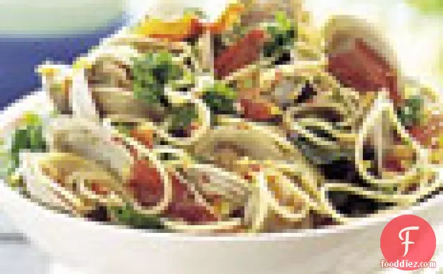 Grilled Clams with Spaghetti, Prosciutto, and Mixed Greens
