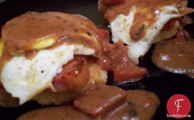 Fried Grit Cakes With Eggs and Tomato Gravy