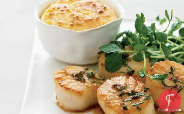 Seared Scallops with Basil, Anchovy and Sweet Corn Pudding