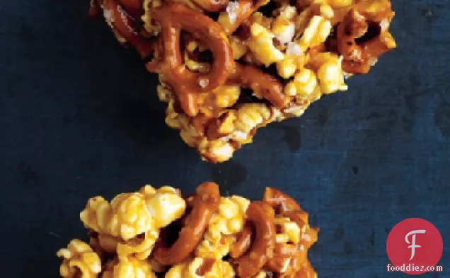 Chewy Caramel Popcorn and Pretzel Bars
