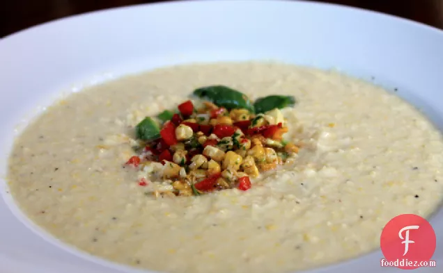 Cool Corn Soup Topped With Roasted Corn Salad