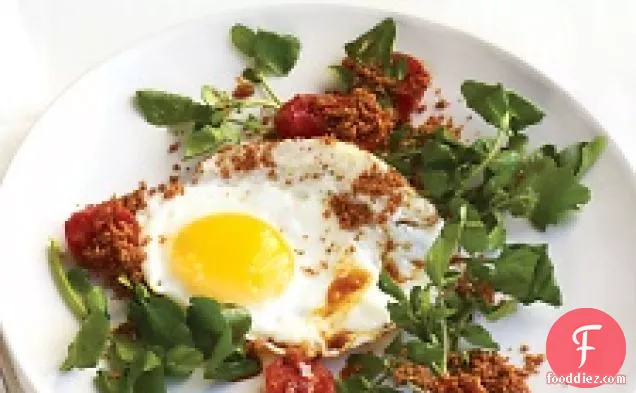Fried Eggs With Tomatoes, Watercress, And Breadcrumbs
