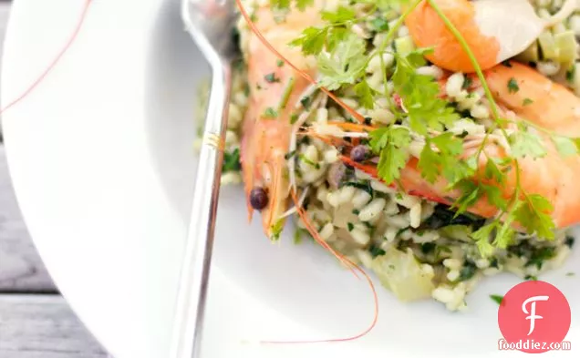 Watercress risotto with scampi and scallops — Risotto aux langoustines, cresson et coquille St Jacques