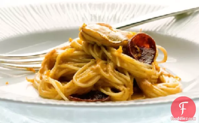 Angel-Hair Pasta with Sauteed Oysters and Chorizo