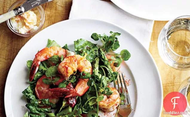 Romaine, Asparagus, and Watercress Salad with Shrimp
