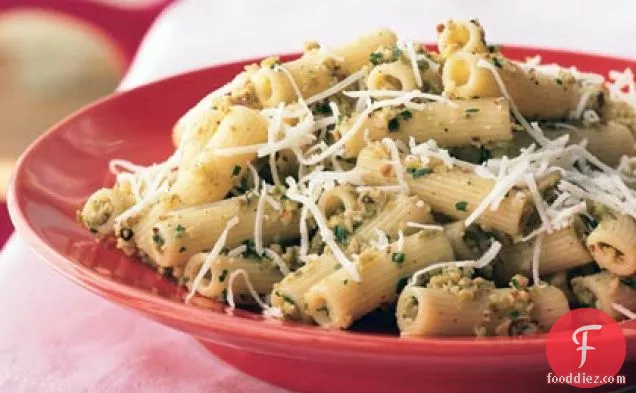 Rigatoni with Green Olive-Almond Pesto and Asiago Cheese