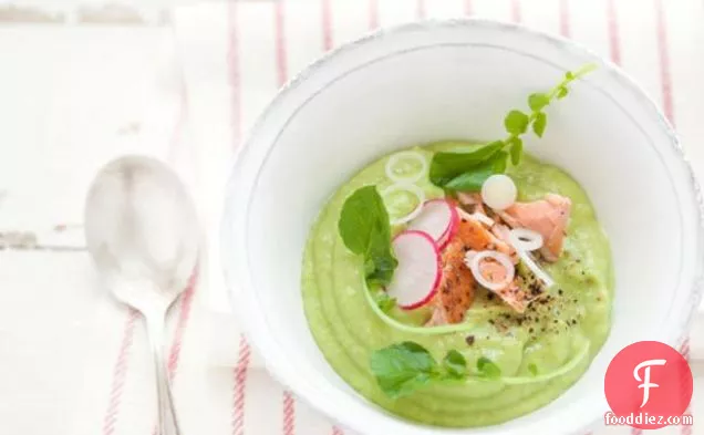 Avocado And Apple Soup With Poached Salmon