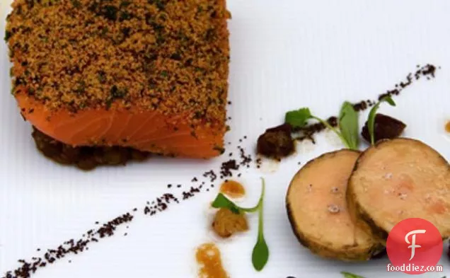 Organic Salmon ‘mi-cuit’, Spiced Lentils, Foie Gras