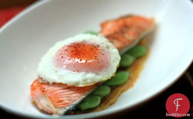 Wine Dinner: Salmon with Miso Butter, Snap Peas & a Fried Egg paired with a 2007 Deux Amis Zinfandel