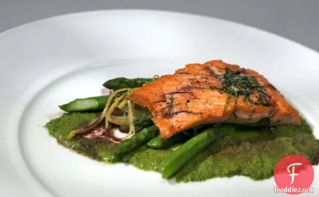 Pan Seared Salmon with Asparagus Lemon Salad, Red Wine Reduction and Watercress Puree
