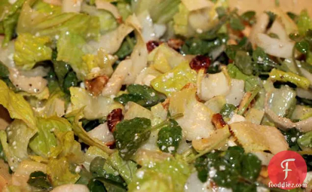 गोरगोन्जोला ब्लू चीज़ ड्रेसिंग के साथ मीठा और कड़वा साग सलाद