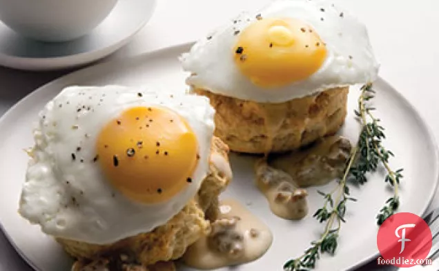 Southern Fried Eggs Over Buttermilk Biscuits with Sausage Gravy