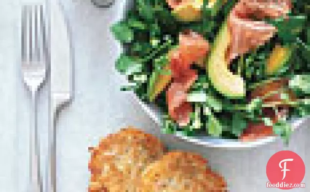Potato Latkes with Watercress, Smoked Salmon, and Avocado Salad