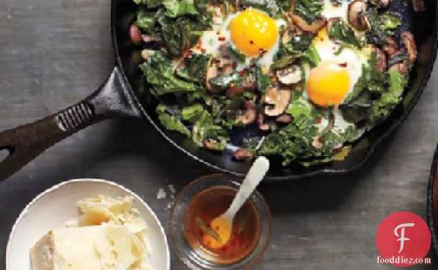 Fried Eggs with Greens and Mushrooms