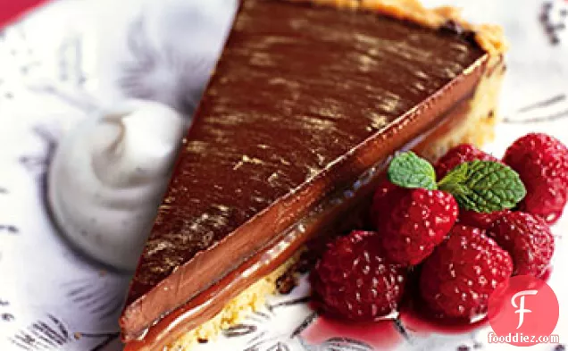 Chocolate-Caramel Tart with Drunken Raspberries and Vanilla Creme Fraiche