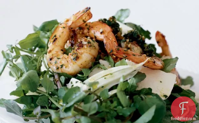 Shrimp and Feta Salad with Minty Almond Pesto