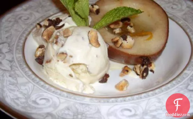 White Wine Roasted Pears With Hazelnut Ice Cream