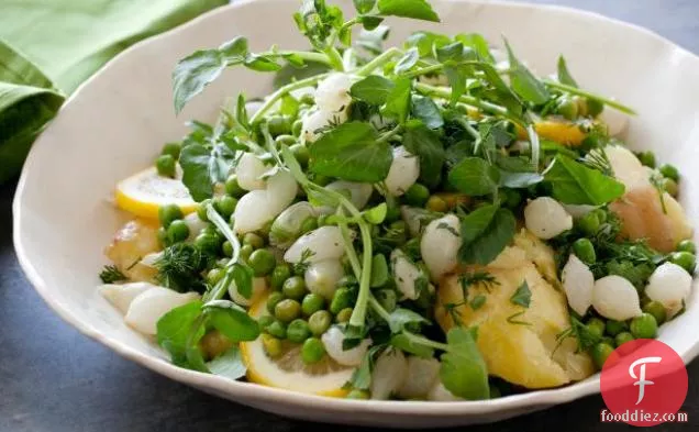 Smashed New Potatoes with Peas, Lemon, and Pearl Onions