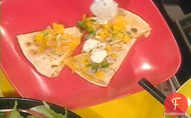 Smoked Cheddar Quesadillas with Yellow Tomato Salsa and Cilantro Lime Sour Cream