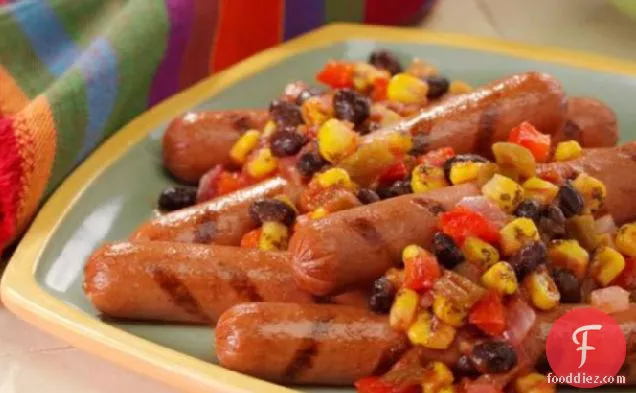 Sizzling Franks With Grilled Corn and Black Beans