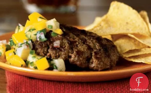Jerk-Seasoned Buffalo Hamburger Steak with Mango-Pineapple Salsa
