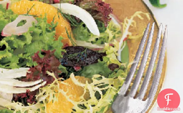 Prune, Orange, Fennel, and Red Onion Salad with Mixed Greens