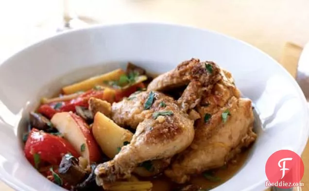 Oven-Braised Cornish Hens with Cider Vinegar and Warm Vegetable Sauce