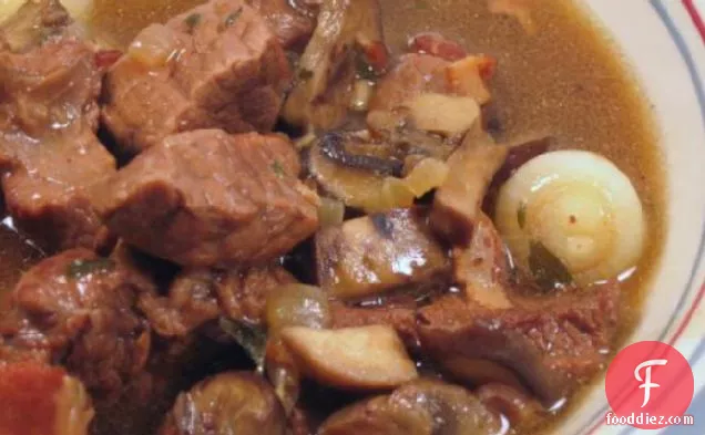 Beef Stewed in Red Wine With Pearl Onions and Mushrooms