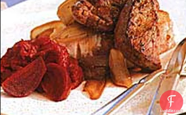 Buffalo Steak and Onion Confit on Garlic Toasts