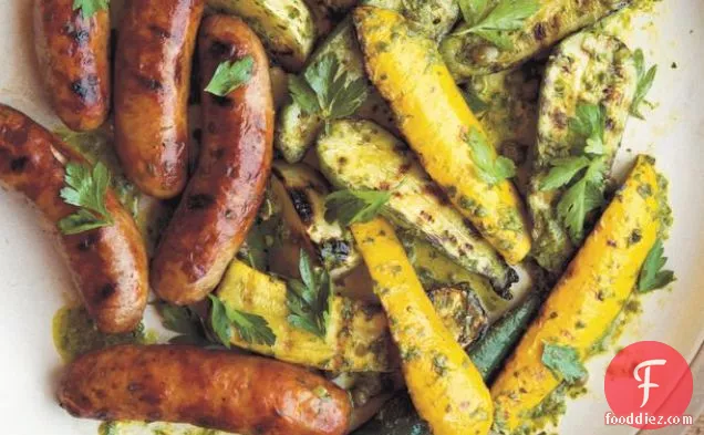 Grilled Squash and Sausages with Sauce Verte from 'Kitchen Garden Cookbook