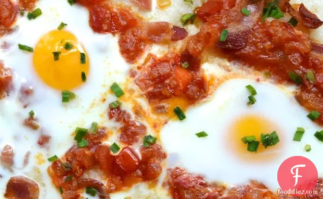 Eggs Baked on Grits with Bacon and Tomatoes