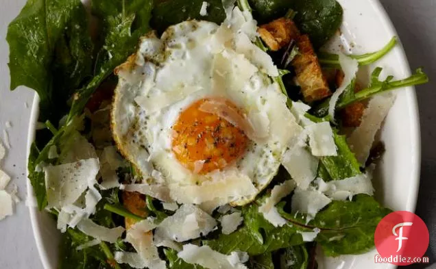 Dandelion Greens with a Fried Egg, Croutons, and Anchovy Dressing from 'Franny's