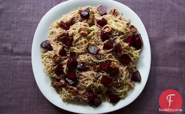 Beet Green and Radish Green Pesto Pasta with Roasted Beets and Radishes