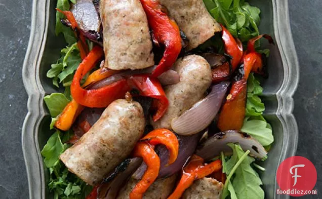 Grilled Italian Sausage with Peppers, Onions and Arugula