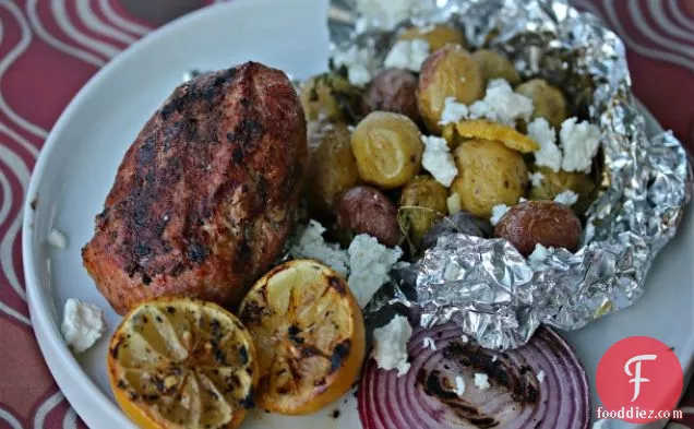 Grilled Greek-Style Meatloaf with Herbed Potatoes and Grilled Lemon