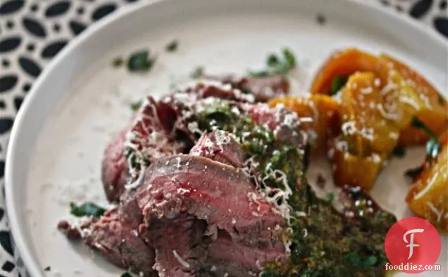 Grilled Flank Steak with Pistachio-Mint Pesto and Roasted Beets