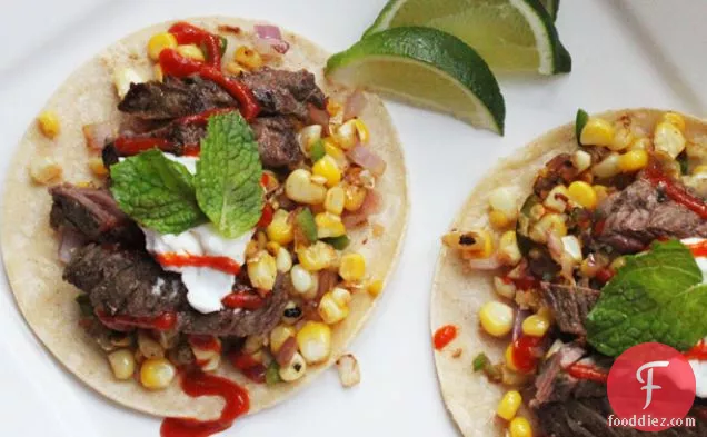 Easy Skillet Steak Tacos With Charred Corn and Sriracha