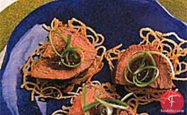 Ginger-Hoisin Beef and Scallions on Crispy Noodle Cakes