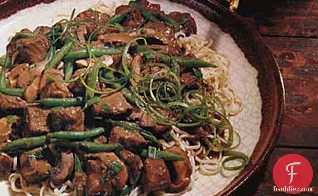 Hoisin-Braised Pork, Mushrooms and Green Beans on Noodles