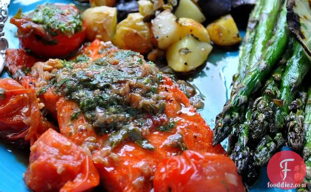 Kitchen Play: Salmon with Herbed Butter and Burst Tomato Sauce