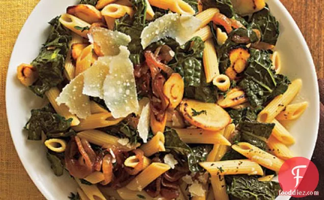 Pasta with Black Kale, Caramelized Onions, and Parsnips