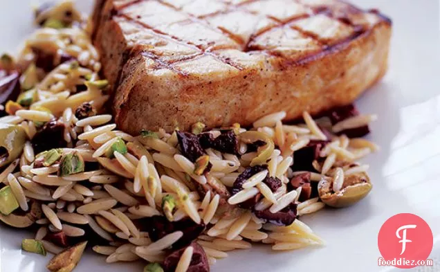 Swordfish with Orzo, Pistachios and Olives