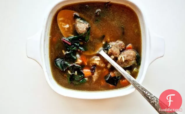 Brown Rice And Greens Soup With Turkey Sausage